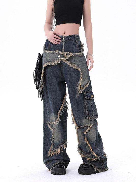 Distressed Denim Pant for women Oversized Streetstyle Patch Cargo Jeans Pant - Velora