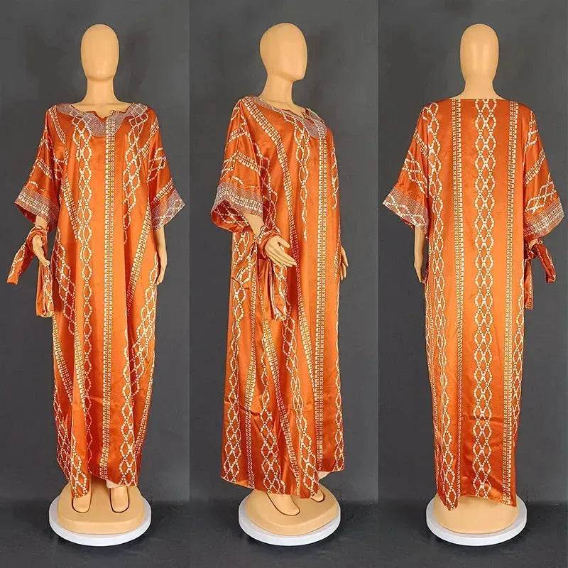 Middle East Striped Loose Robe African Dubai Arabic Satin Hot Drilling Stitching Abaya Buba Dress - Velora