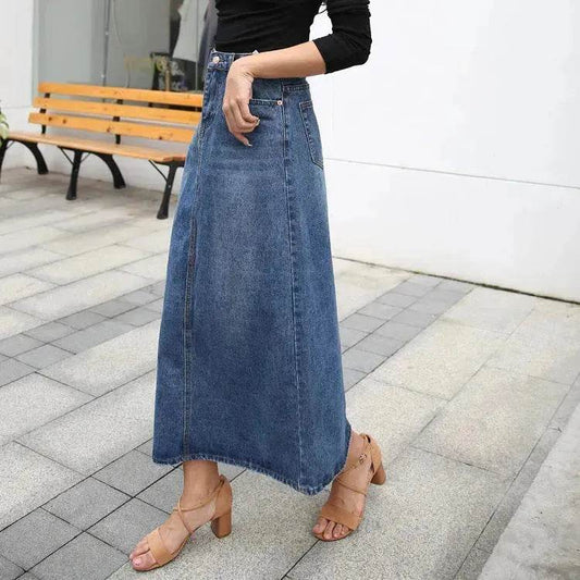 Women's Plus Size Mid-length A- Line Denim Skirt Denim long skirt maxi jean skirt - Velora