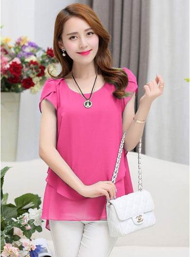 New Spring Summer Women Chiffon Loose Blouse top O-Neck Short sleeve Plus size - Velora