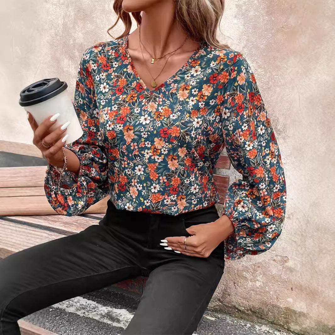 Women's V-neck Lantern Long Sleeve Shirt Autumn casual blouse top - Velora