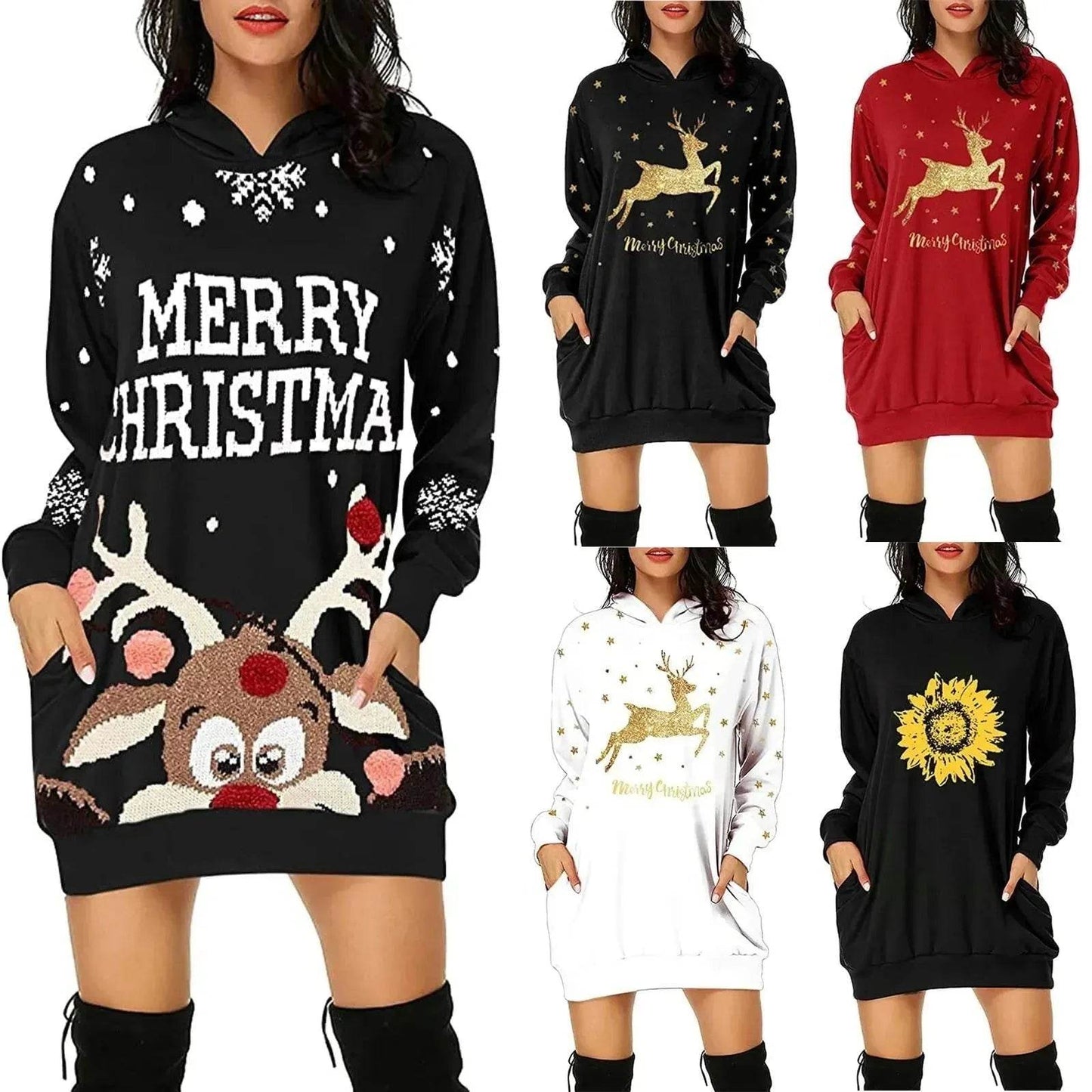 Christmas hot sale printed mid-length pocket hooded long-sleeved sweater - Velora