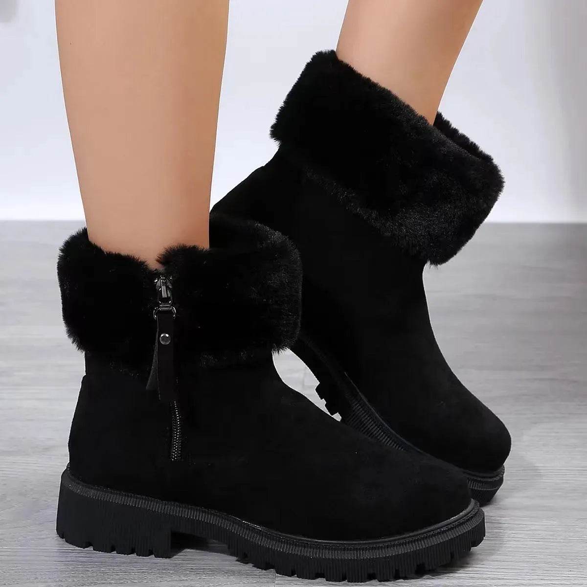 Warm Plush Boots Winter Fashion Side-Zipper Snow Boot For Women Outdoor Thickened Low-heeled Shoes - Velora
