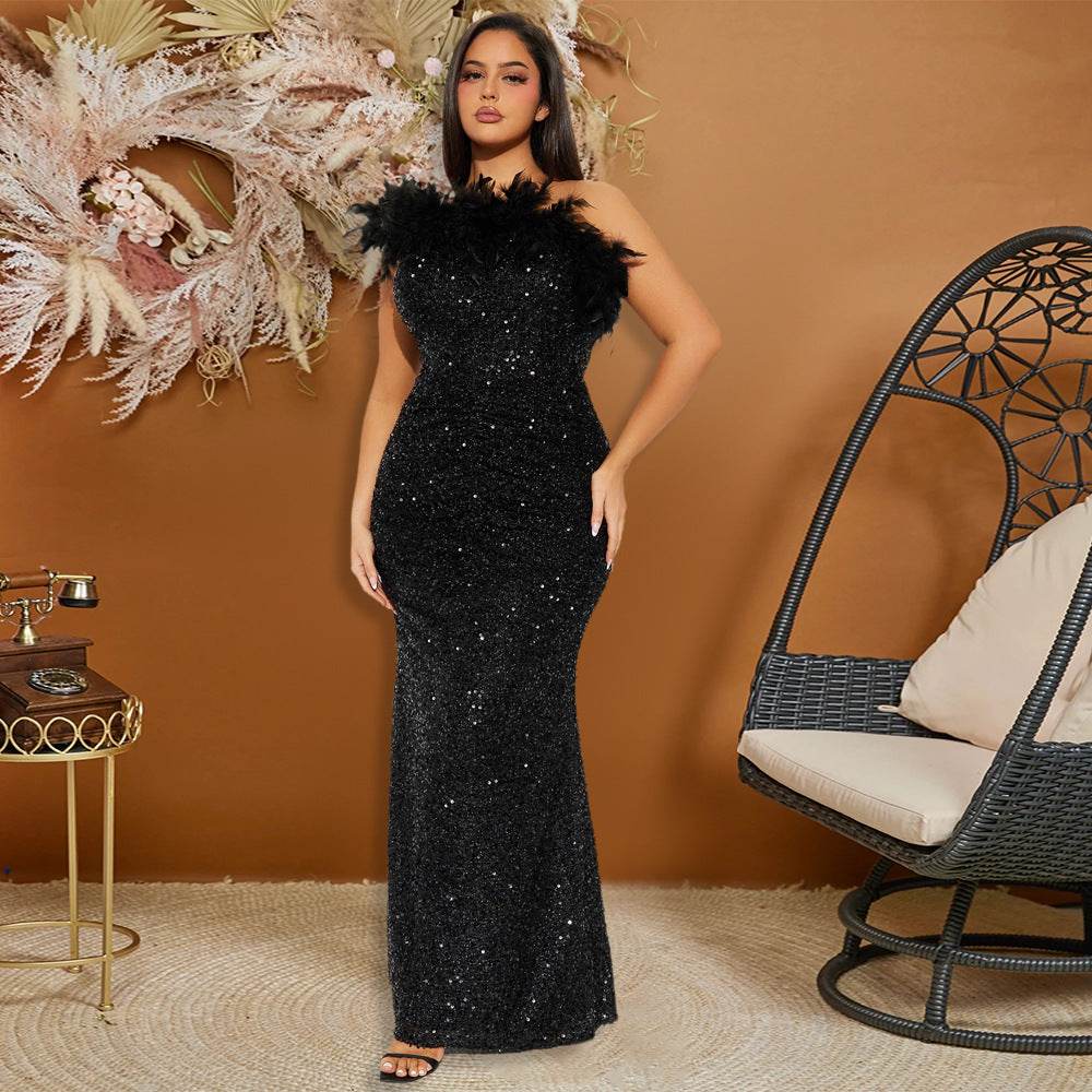 Luxury formal dress Feather Stitching Sequin Evening Dress Long dress - Velora
