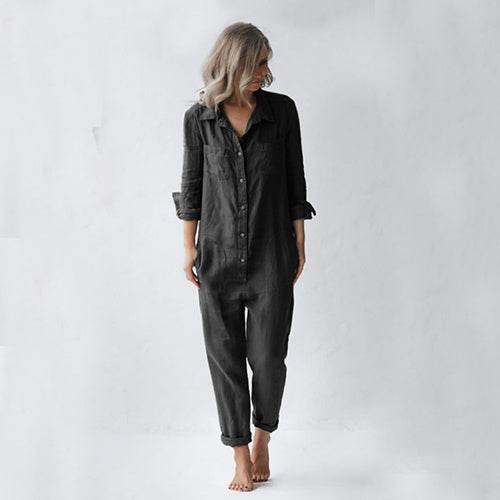 Casual Long Sleeve Jumpsuit With Pockets Fashion Loose Lapel Button Romper Pants Womens Clothing - Velora