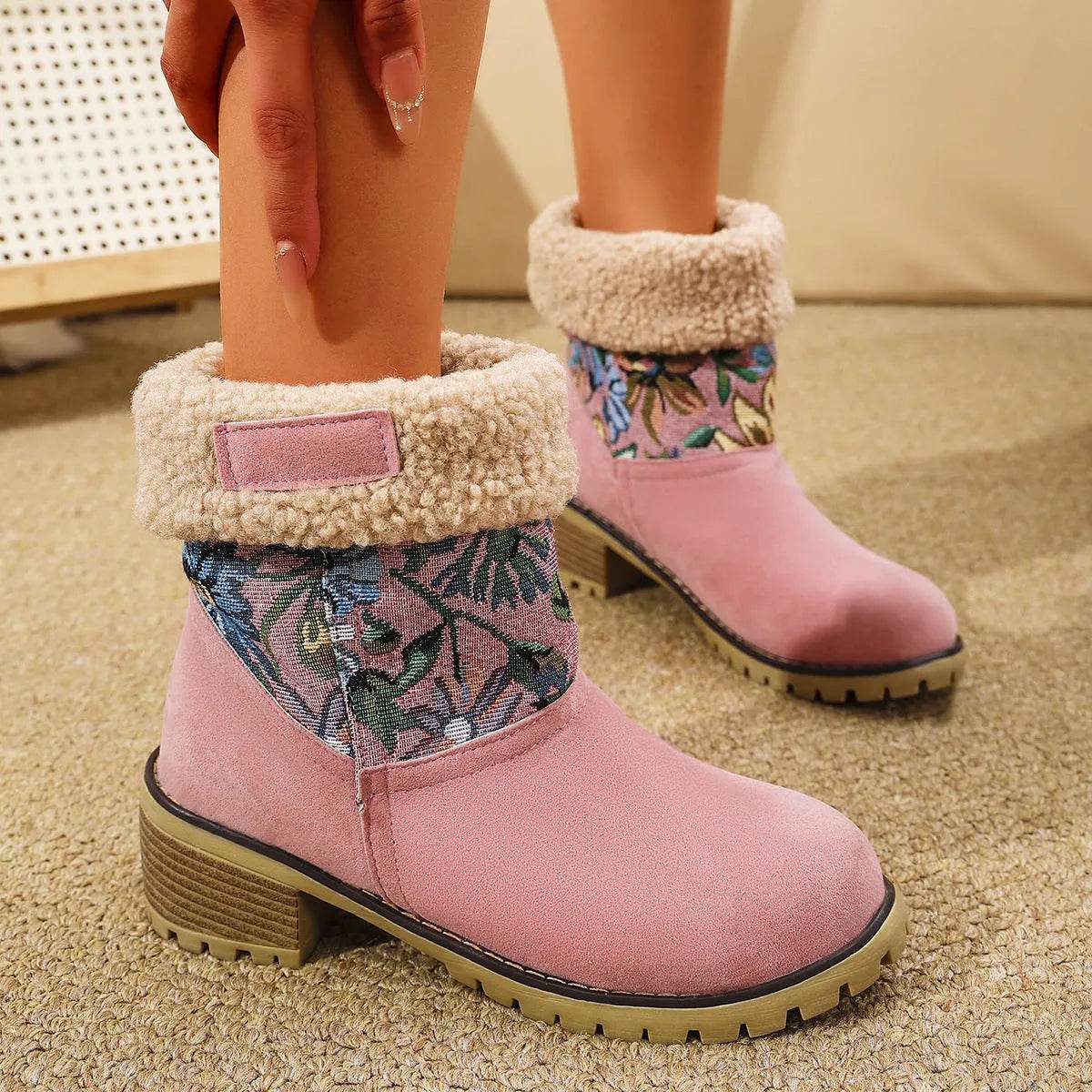 Flowers Embroidered Snow Boots Ethnic Style Platform Thick Square Heel Mid-tube Boot Winter Warm Cotton Shoes For Women - Velora