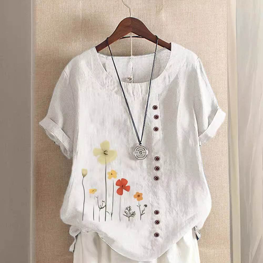 Casual Summer Beach Cotton And Linen Printed Elegant Short Sleeve blouse Top Women - Velora