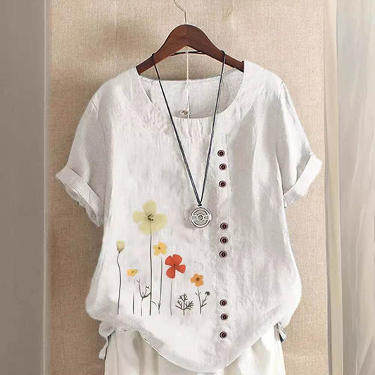 Casual Summer Beach Cotton And Linen Printed Elegant Short Sleeve blouse Top Women - Velora