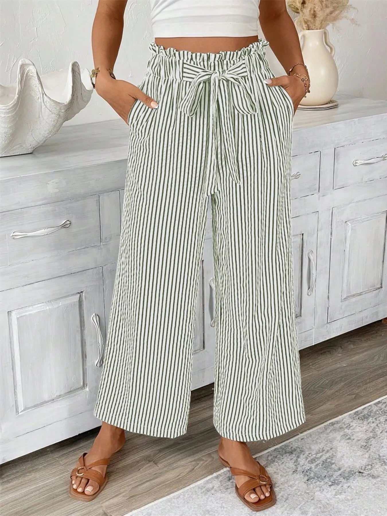 Full Size Striped Wide Leg Paper Bag Pants Plus Size - Velora