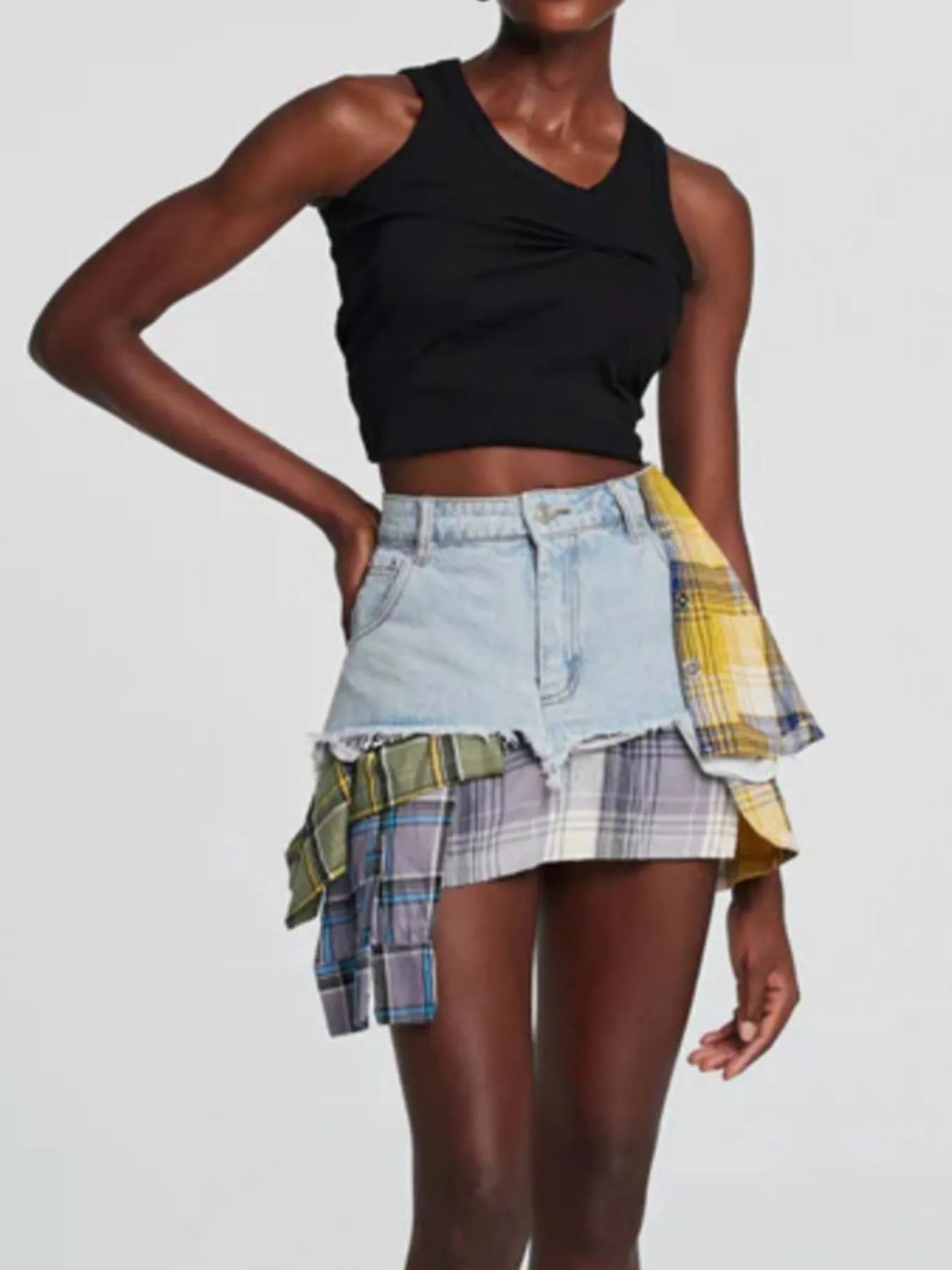 Raw Hem Denim Mini Skirt with Plaid Patch Details - Velora