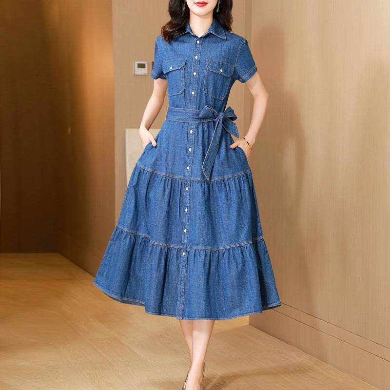 Classy Elegant Single Breasted Denim flared Midi Dress - Velora