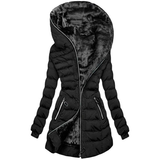 Hooded Warm Fleece Padded Jacket Mid-length Jacket Black Padded Jacket - Velora