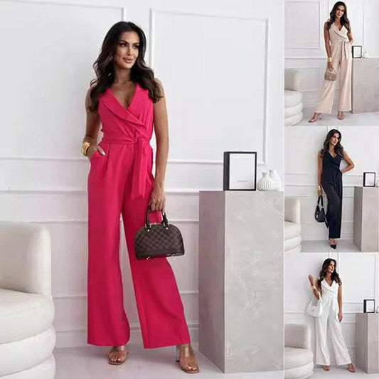 V-neck Sleeveless Jumpsuit With Belt Design Summer Fashion Trousers Women's Clothing - Velora