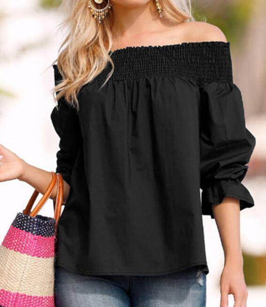 Spring Summer Women Off Shoulder Strapless Blouse top Bowknot Slash Neck Casual Loose Plus Size top - Velora