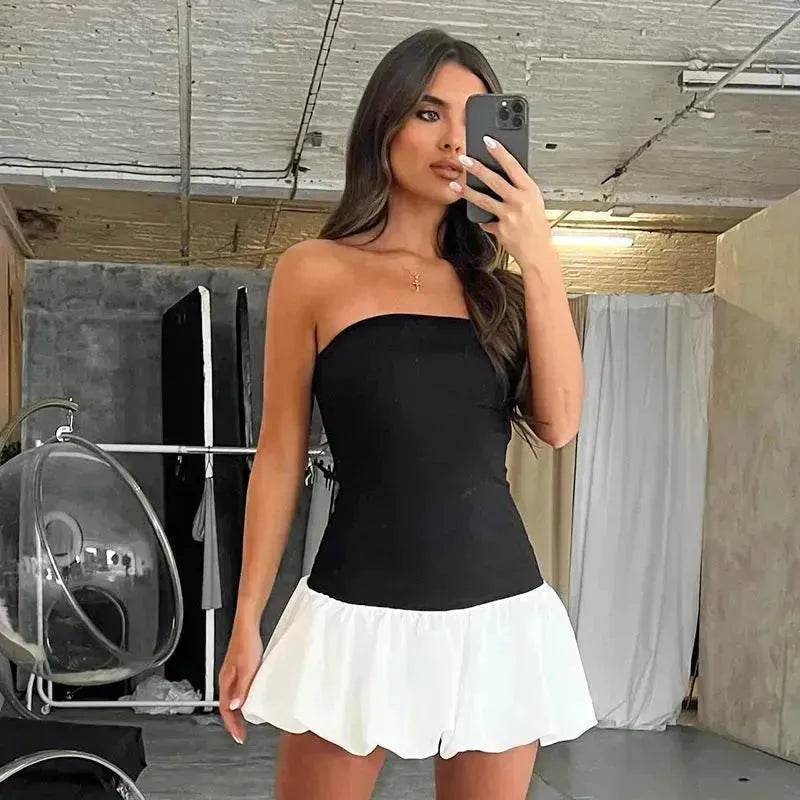 Chic Tube Top Dress Summer Solid Color Pleated Skirt Dress Women Fashion Short Mini Skater Dresses Evening Party Cocktail Dress for Ladies - Velora