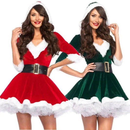 Women Christmas Dress Sexy Santa Claus Hoodie Cosplay Costumes Women Evening Party Clothes Winter Warm Dresses - Velora