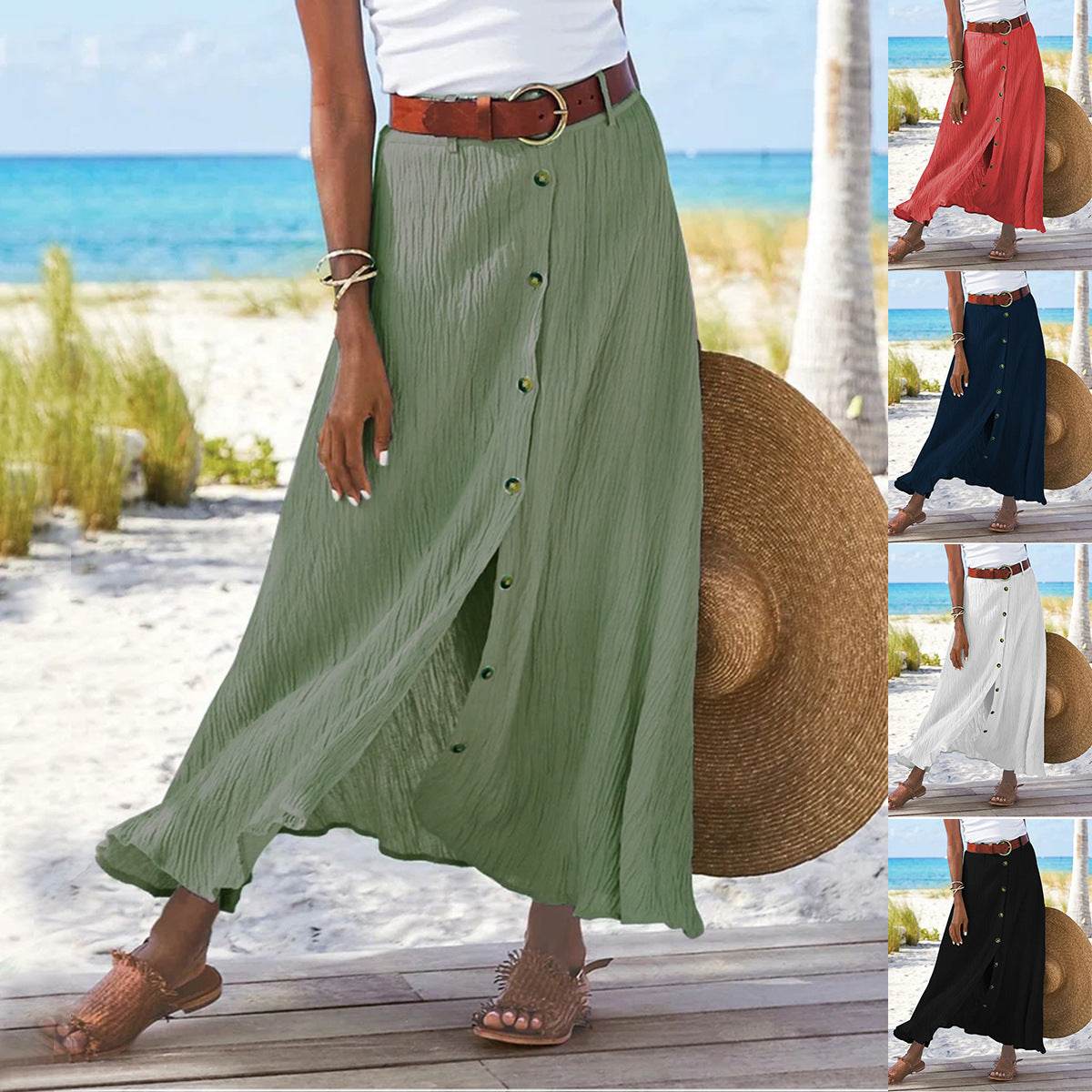 Women's summer Fashion Cotton Linen A-Line Hip Mid Waist Long maxi Skirt - Velora