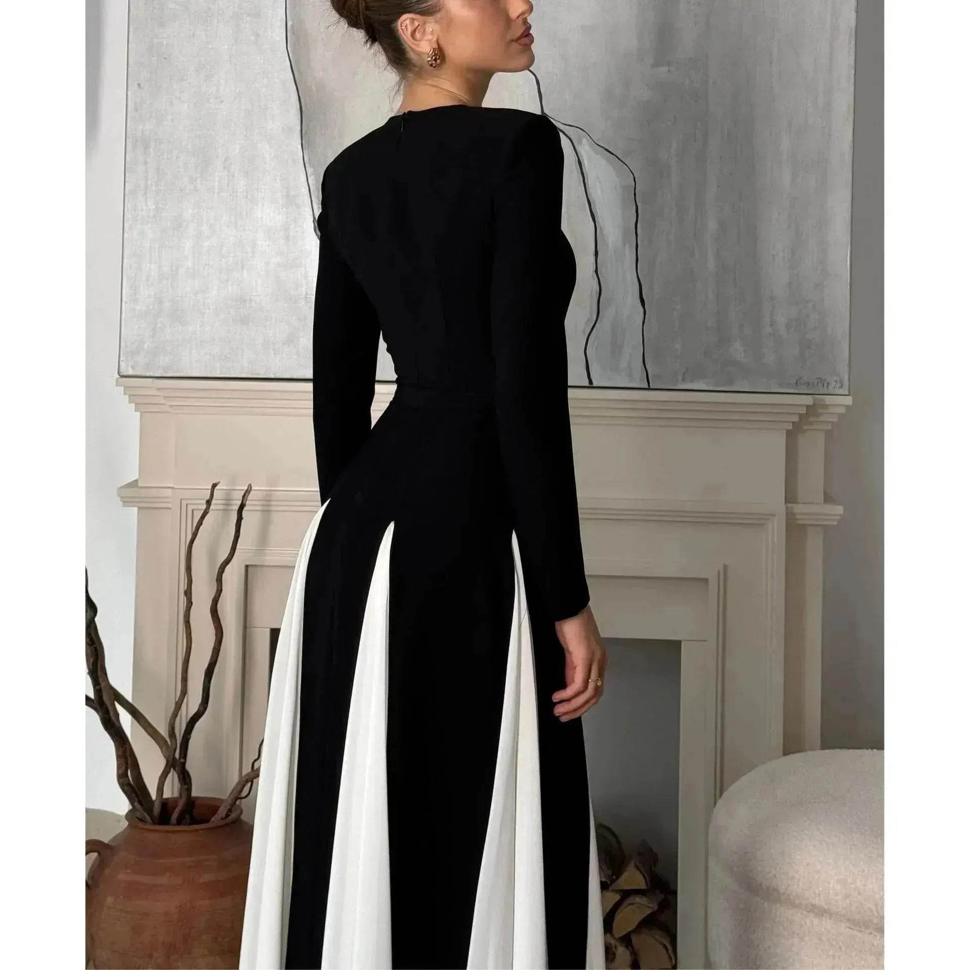 Luxury Classy Women's Black And White Stitching Long Sleeve Dress Long Skater Dress Flared Dress for Wedding Evening Party Cocktail Dress - Velora