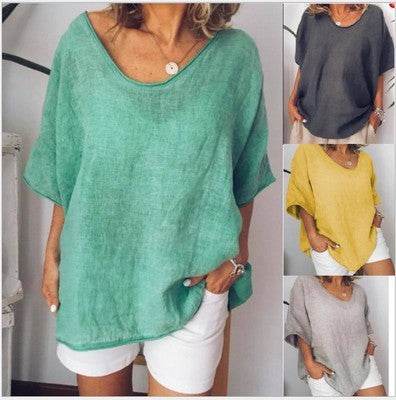 Spring Summer Loose Short Sleeves cotton linen blouse top Women Summer Tops - Velora