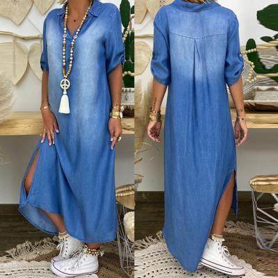 New washed denim dress Side Split Loose Mum Long Jeans Dress - Velora