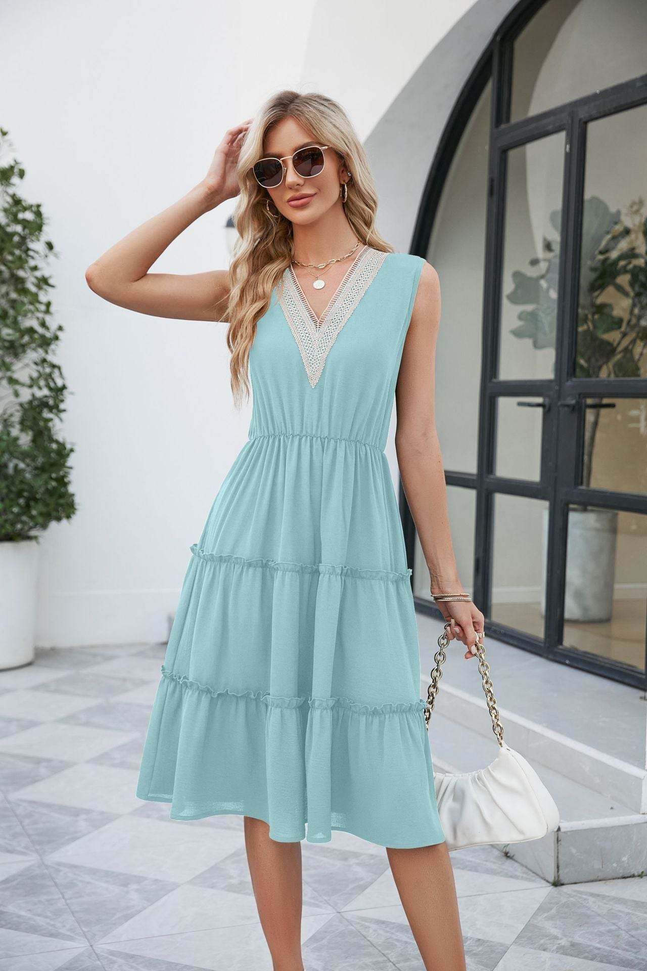 V-neck Dresses Women Sleeveless Pleated Ruffle Elegant Dress Beach Summer - Velora