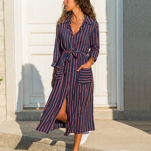 Stripe Shirt Women's Dress Spring Summer Chiffon V-neck Sexy Maxi Dresses Sexy Elegant Casual Girl Lace Women Long Sleeve - Velora