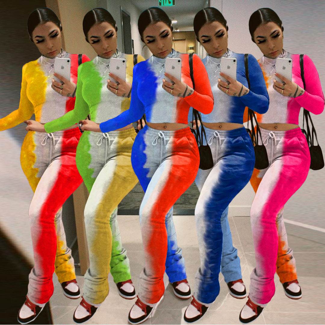 Tie-Dye 2pcs Women Long sleeve Drawstring Sweatsuit Outfit set - Velora