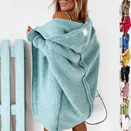 Fashion Bat Sleeve Hooded Cardigan Oversized Loose Temperament Solid Color Sweater Womens Clothing - Velora