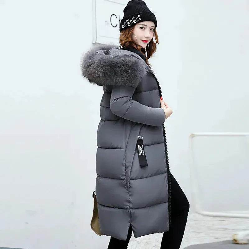 Long Zip up Faux fur Collar Hooded Winter Puffer coat women - Velora