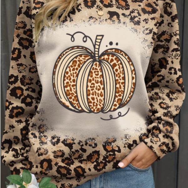 Brown Bleached Halloween Pumpkin Leopard Print Sweatshirt - Velora