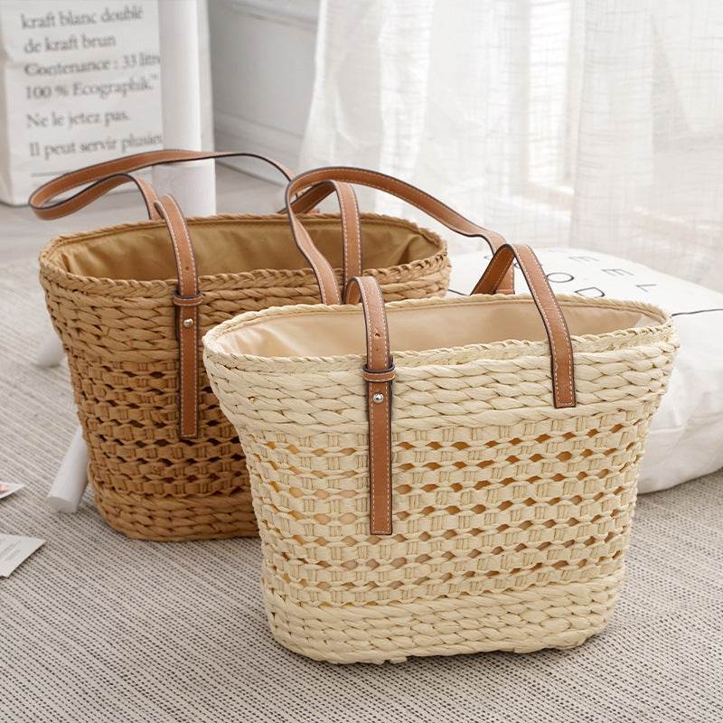 Large Capacity Fashion Urban Simple White Khaki Straw Braided shopper Beach Bag - Velora