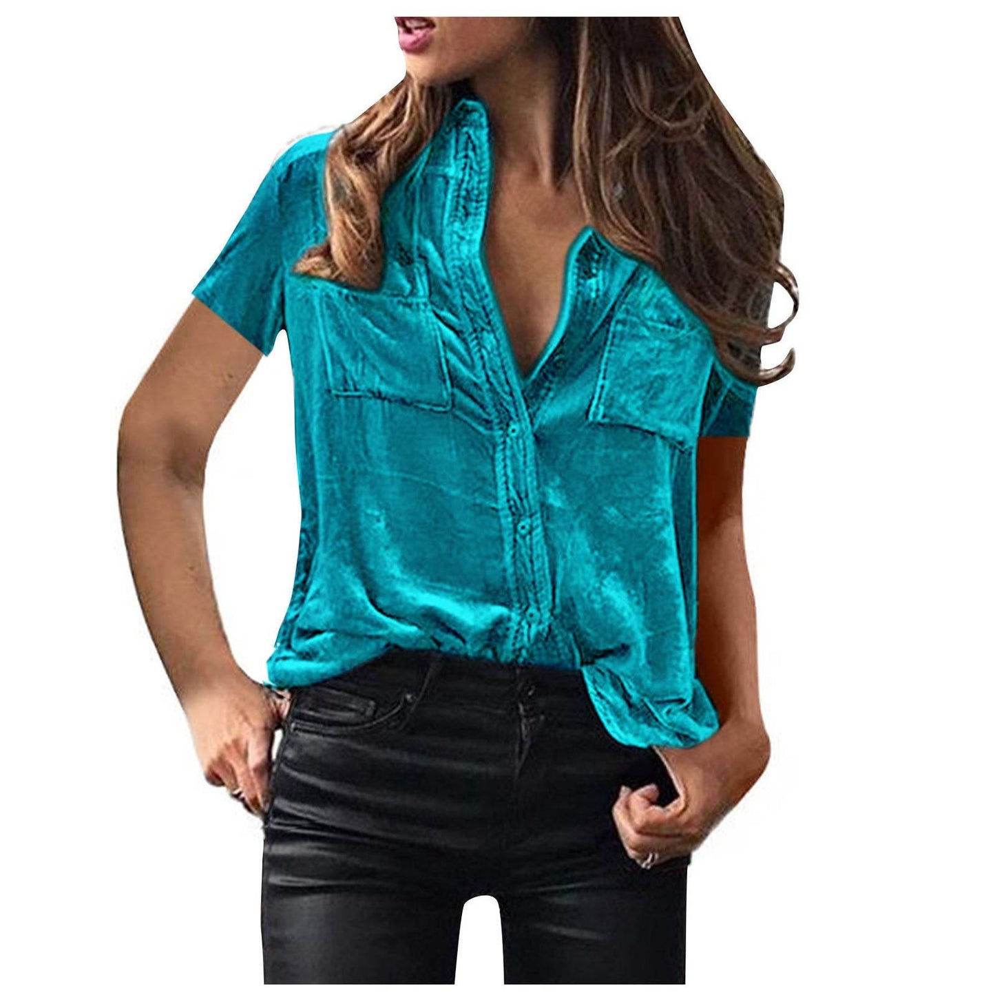 European And American Spring And Summer Pocket Short Sleeve Suede Shirt For Women