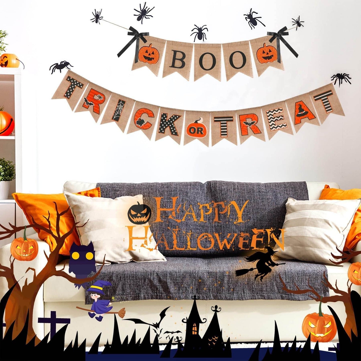 Halloween Burlap Banner Halloween Party Mantel Wall Hanging Supplies For Home Farmhouse Patio - Velora