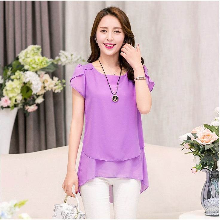 New Spring Summer Women Chiffon Loose Blouse top O-Neck Short sleeve Plus size - Velora