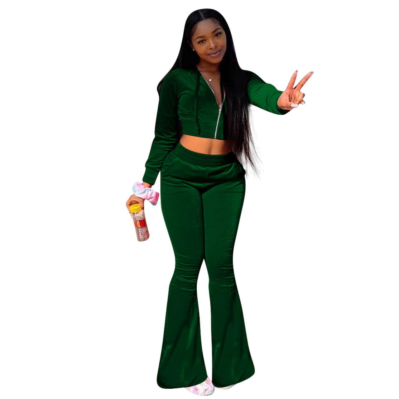 Women 2pcs Velvet Hoodie Wide leg Pant Crop top sweatsuit Athleisure Outfit - Velora