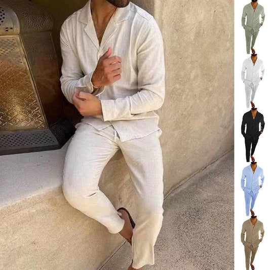 Casual Long-sleeved Suits Fashion Lapel Single-breasted Shirt Top And Slim-fit Trousers Men Clothing - Velora