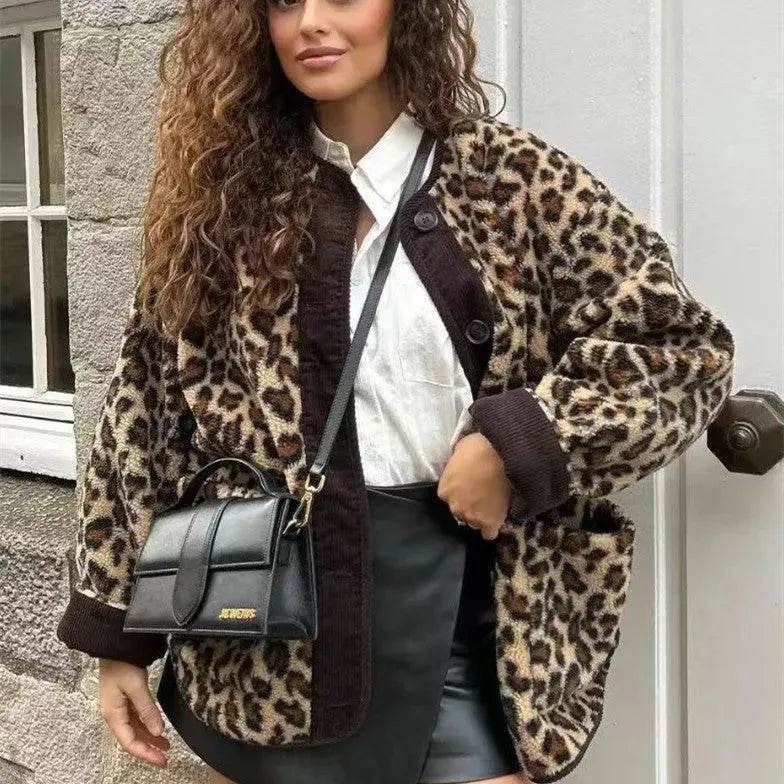 Casual Fall winter Leopard Button fleece Plush Cardigan jacket for women - Velora