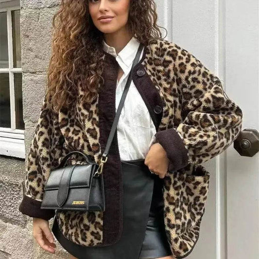 Casual Fall winter Leopard Button fleece Plush Cardigan jacket for women - Velora