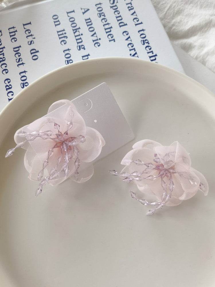 Temperament Flower Sweet Tulle Beaded Exaggerated Earrings - Velora