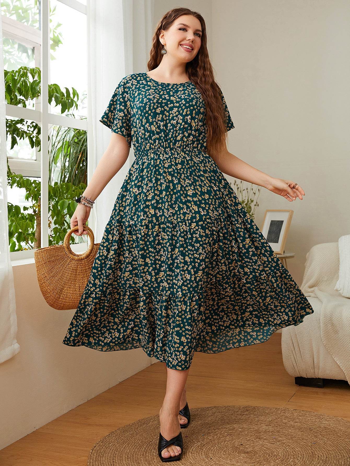 Summer Plus Size Women Floral Printed Midi Dresses - Velora