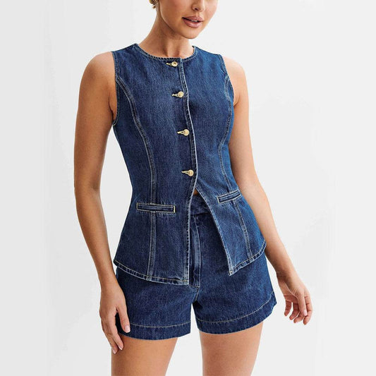Fashion Denim Suit Summer Casual Sleeveless Button Vest Top And High Waist Shorts Set For Womens Clothing - Velora