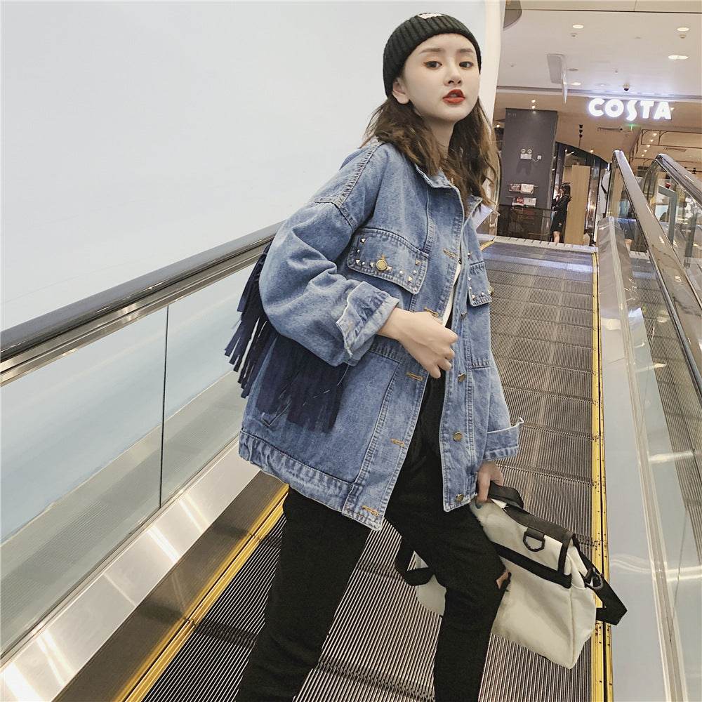 Elegant women Oversized Embroidered Tassel Fringe Denim Jacket - Velora