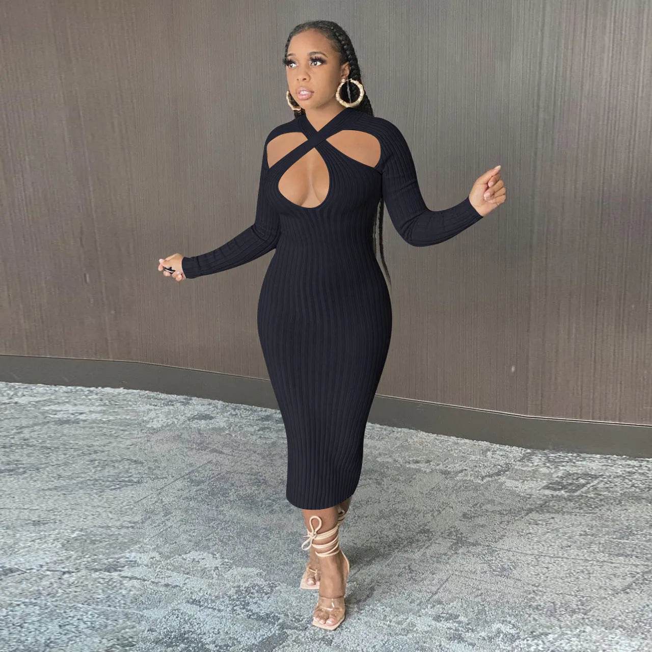 Chic V-neck Long Sleeve Midi Party Club Bodycon Pencil Dress - Velora