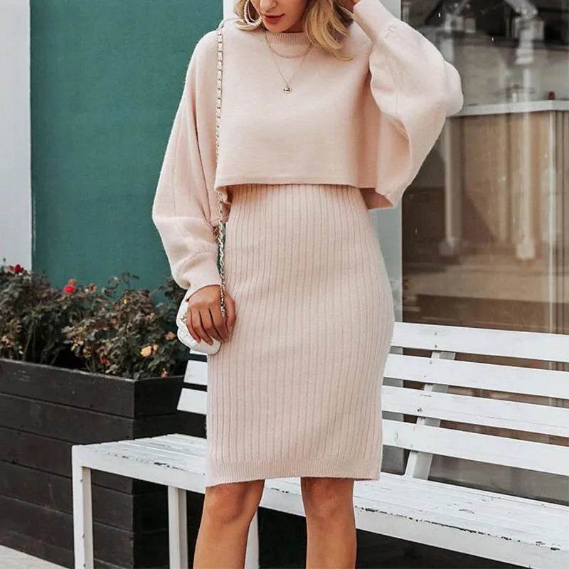 Women 2pcs Winter Outfit Cashmere dress Cropped Pullover top - Velora