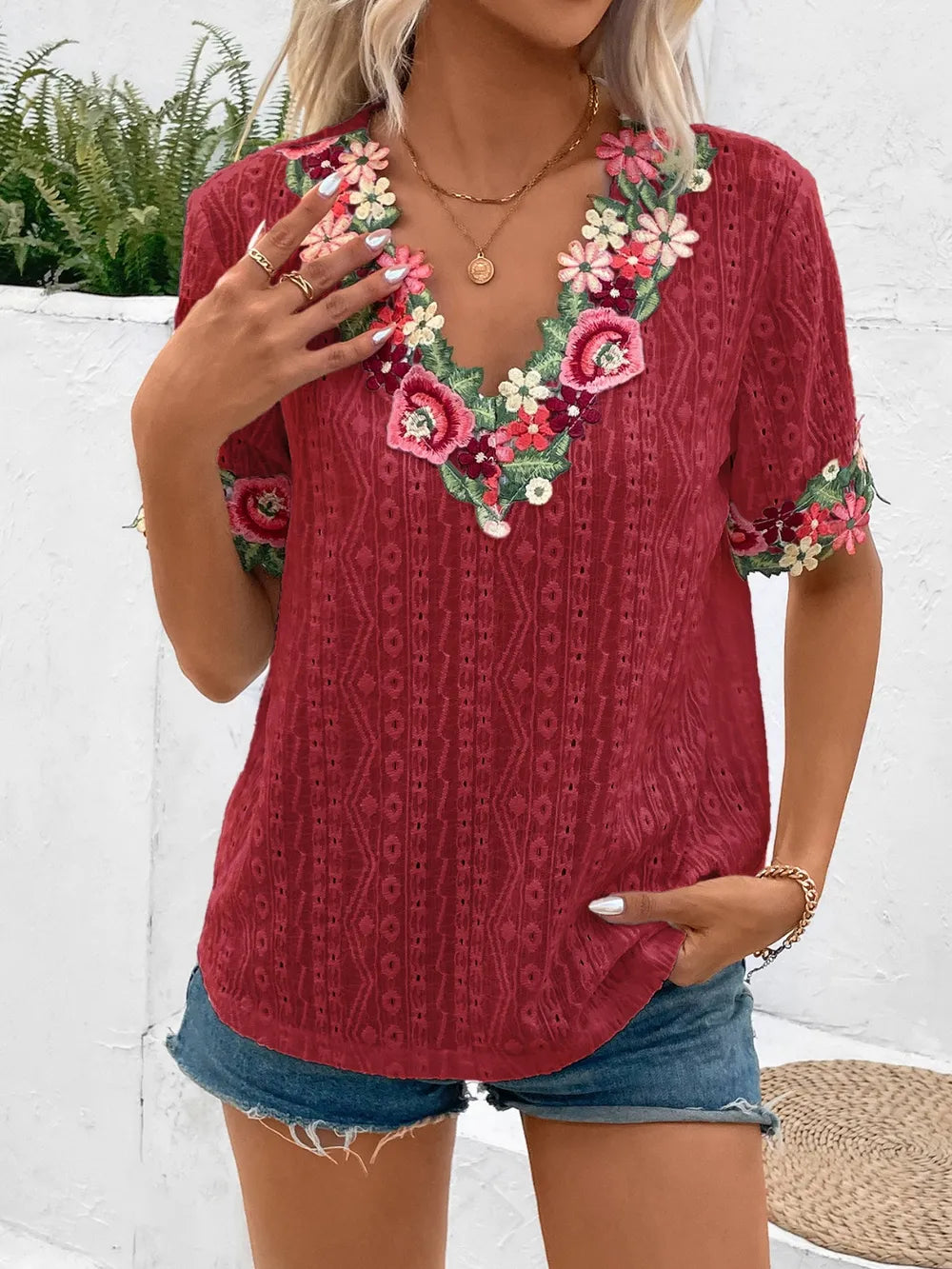 Ivy Lane Eyelet Embroidered V-Neck Short Sleeve Blouse - Velora