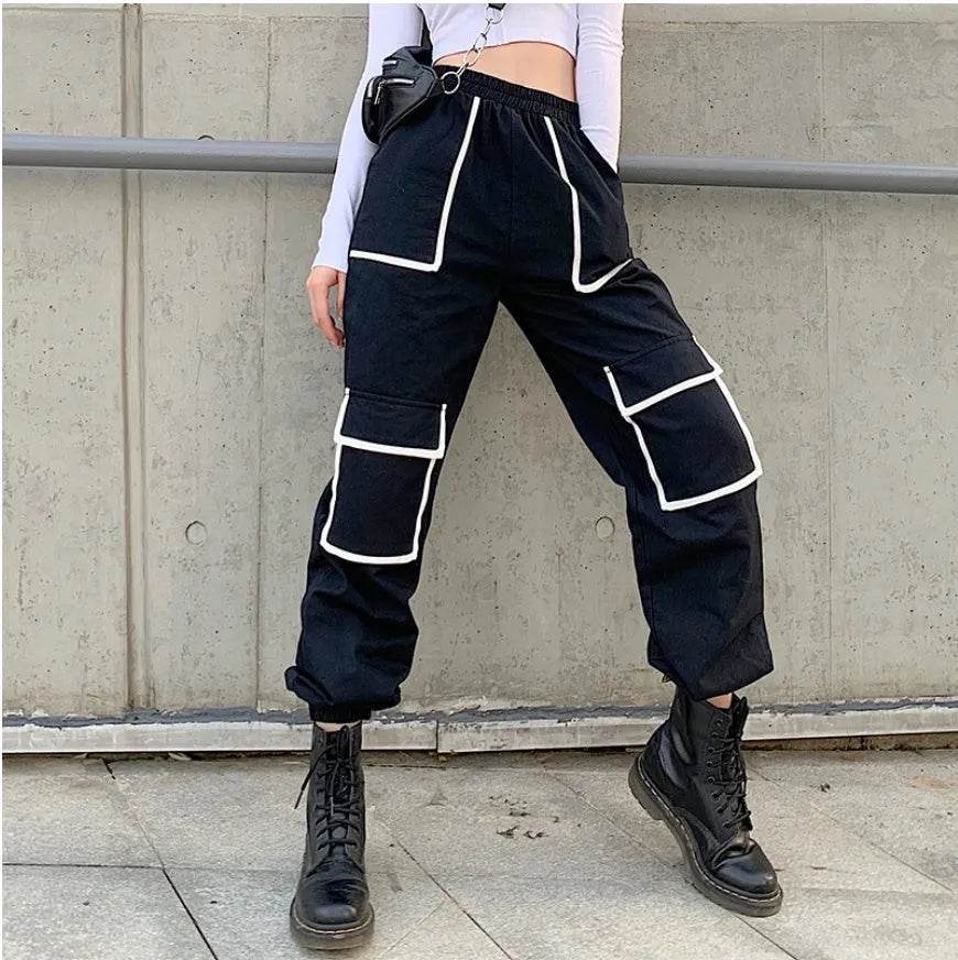 White Stripe Cargo Pants Women Trousers Pockets Patchwork Contrast Color High Waist Pants Hip Hop Capris - Velora