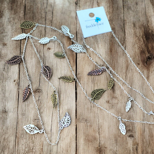 Waterfall Leaf Necklace – Long Layering Chain with Cascading Silver & Mixed Metal Leaves - Velora