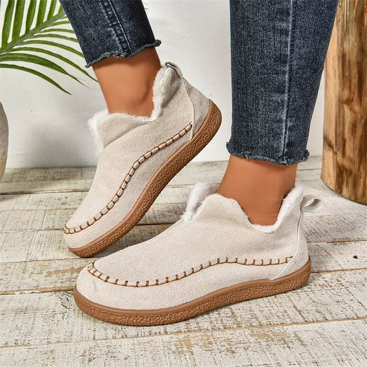 Fashion V-cut Plush Ankle Boots Winter Plus Velvet Flat Snow Boot Casual Warm Solid Suede Cotton Shoes For Women - Velora
