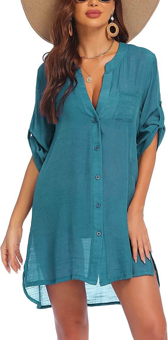 European And American Sun Protection Women Beach Linen Shirt dress - Velora