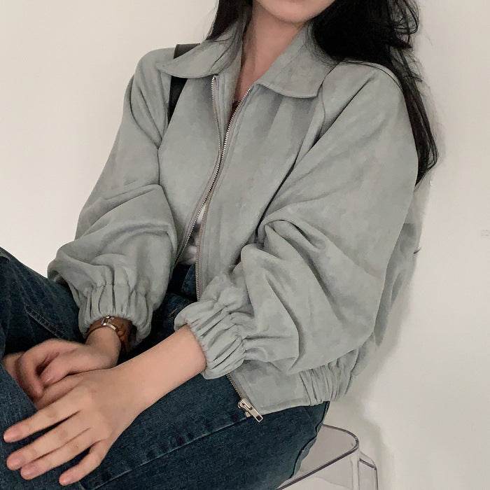 French Vintage Lapel Zip-up Suede Feeling Loose With Long Sleeves Short - Velora